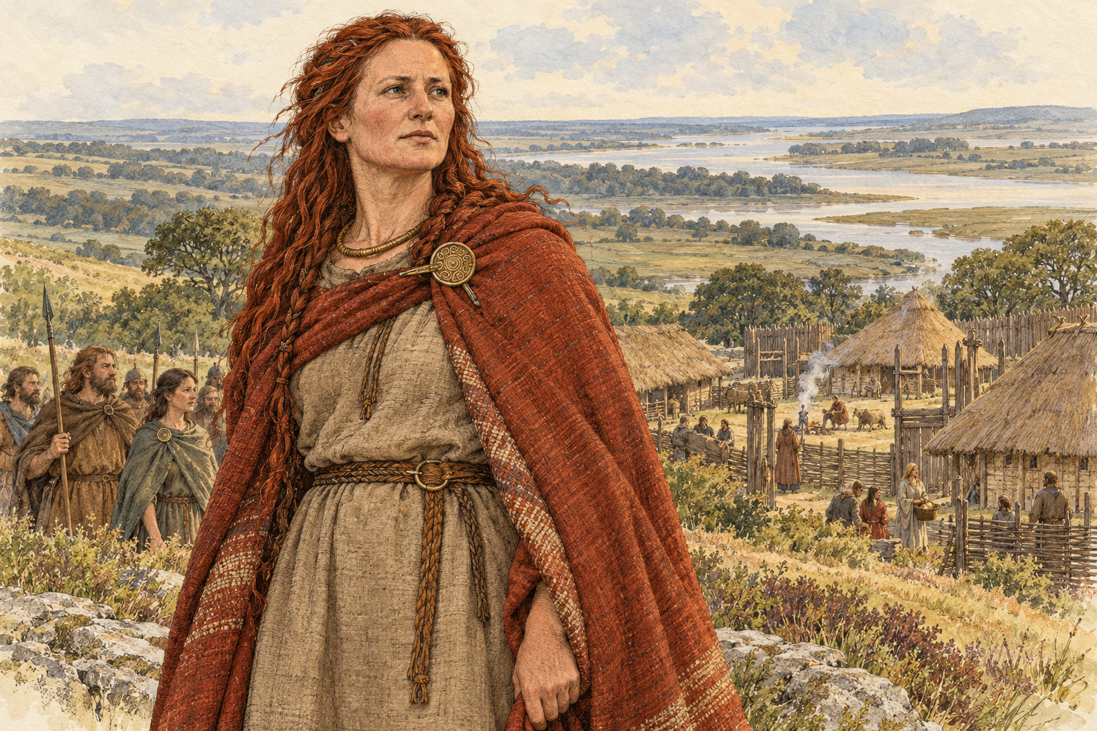 Boudica wearing a woollen cloak beside a timber settlement in eastern Britain.
