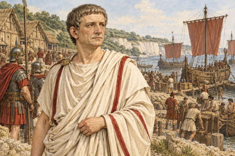 Claudius in an ivory toga beside a Roman landing place.