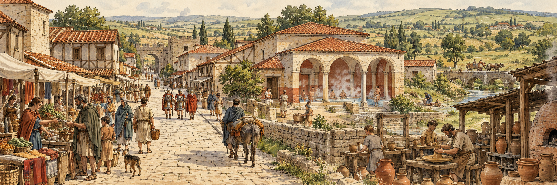 Roman town with a market, bathhouse and pottery workshop