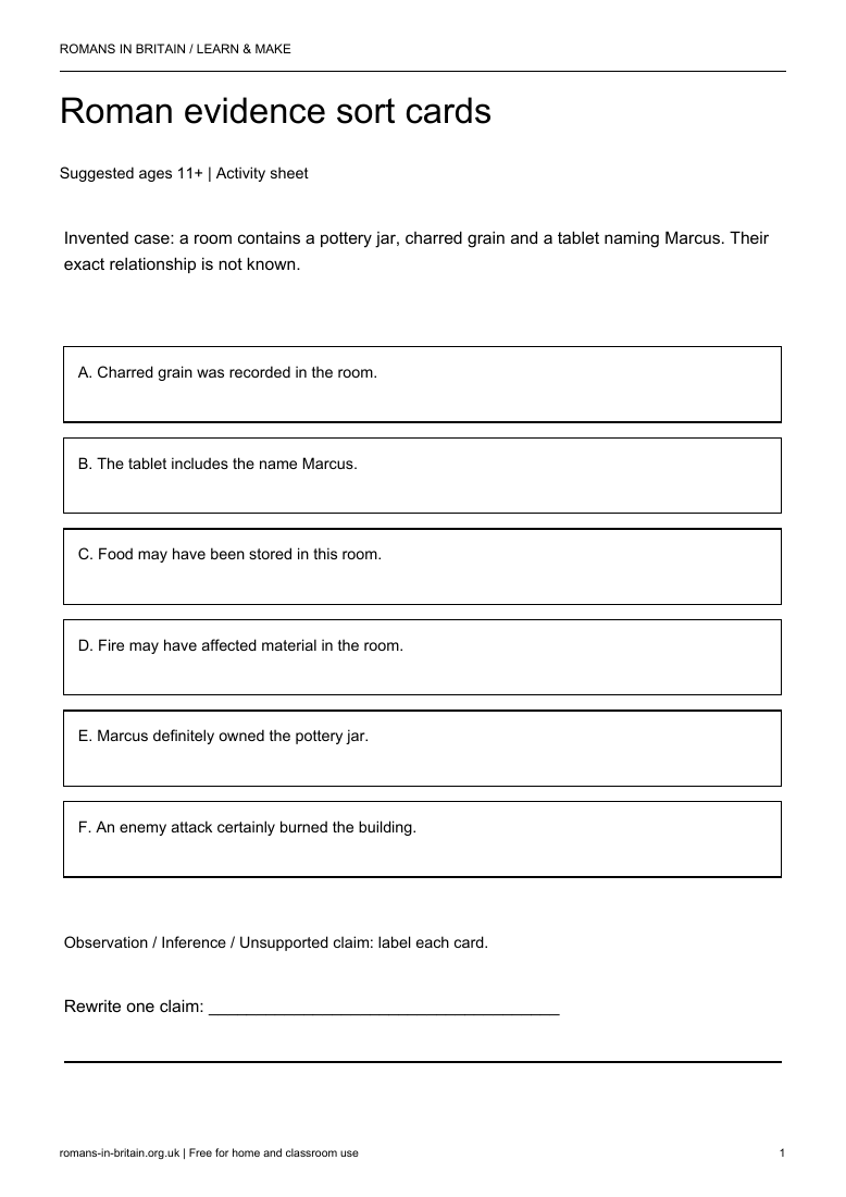 Roman evidence sort cards printable preview